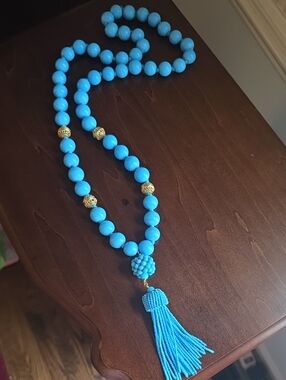 Lisi Lerch Turquoise Bead Tassel Necklace with Gold Accents